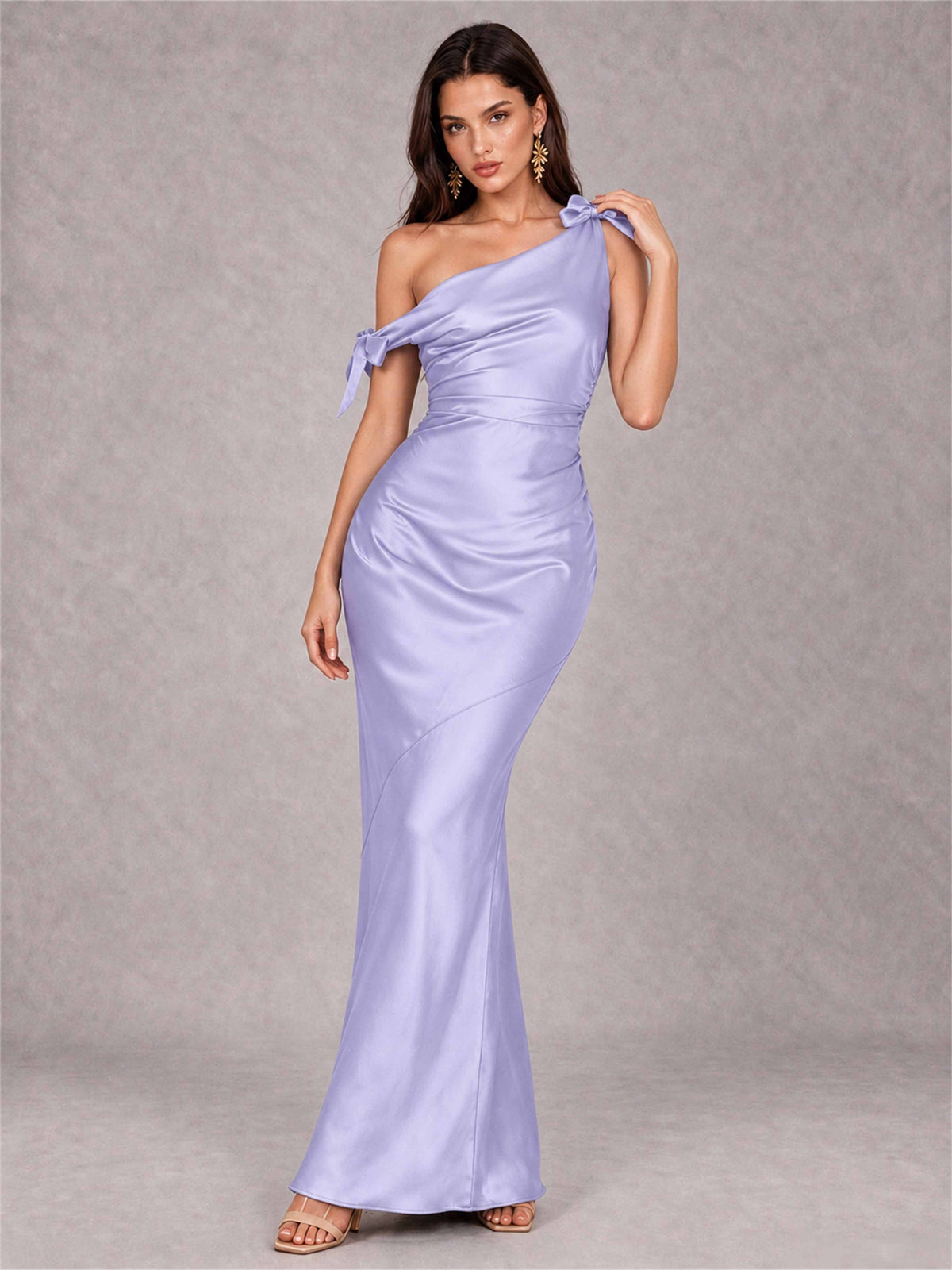 Off-The-Shoulder Ruched Sleeveless Mermaid Satin Wedding Guest Dress