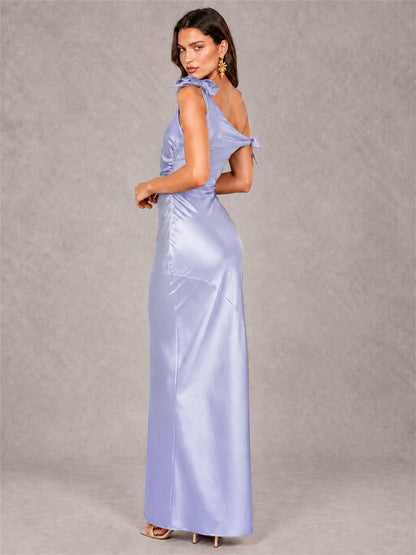 Off-The-Shoulder Ruched Sleeveless Mermaid Satin Wedding Guest Dress