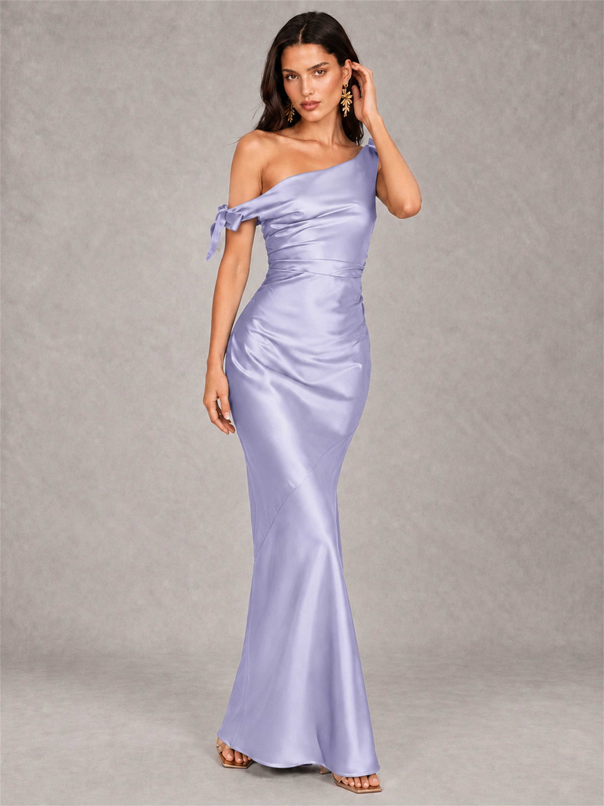 Off-The-Shoulder Ruched Sleeveless Mermaid Satin Wedding Guest Dress