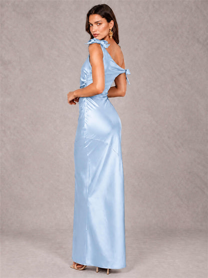 Off-The-Shoulder Ruched Sleeveless Mermaid Satin Wedding Guest Dress