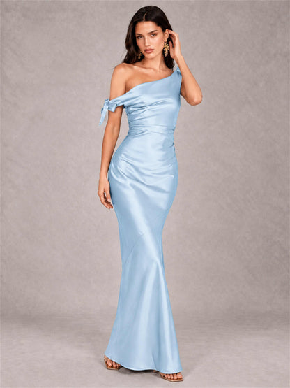 Off-The-Shoulder Ruched Sleeveless Mermaid Satin Wedding Guest Dress