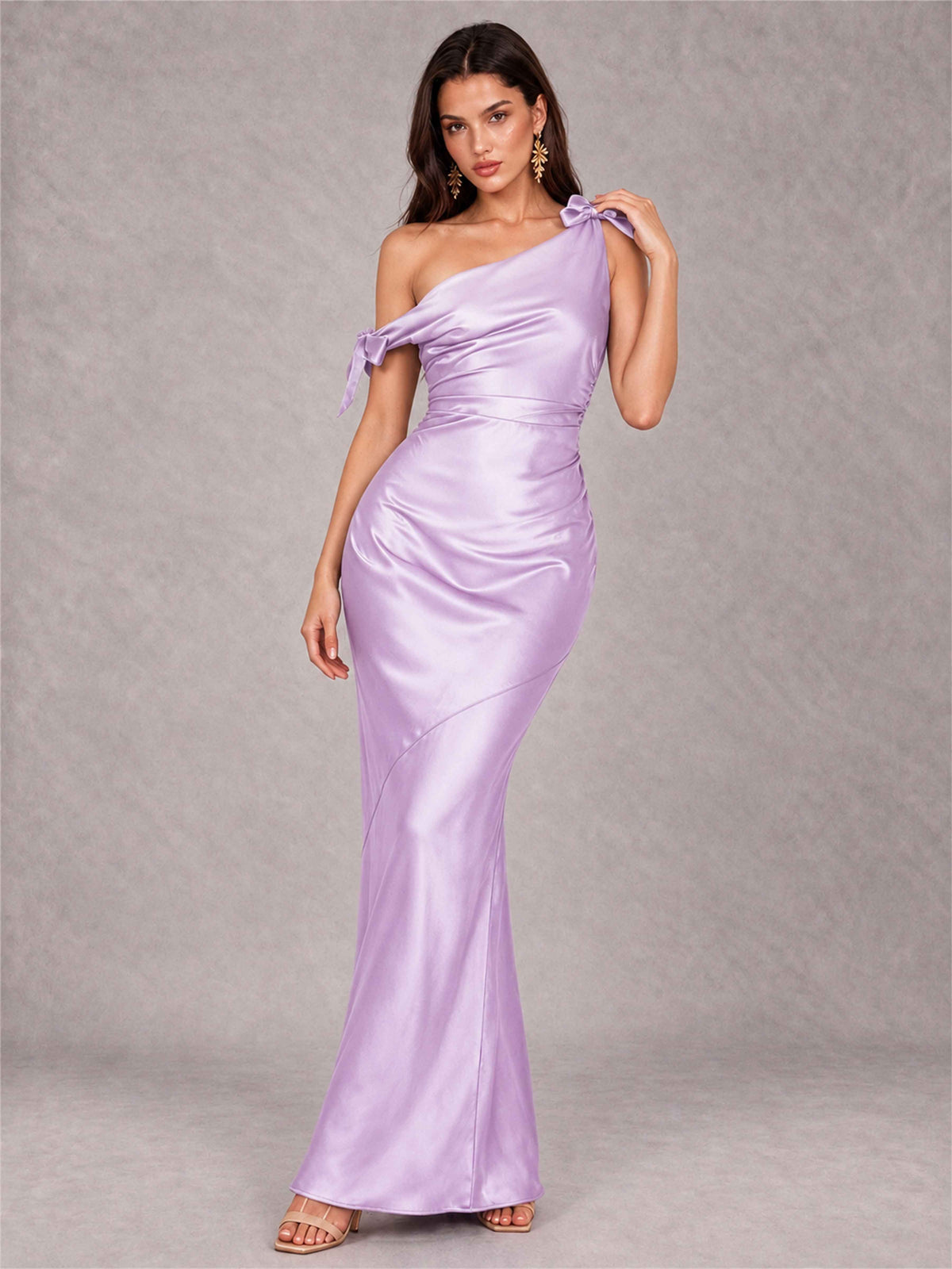 Off-The-Shoulder Ruched Sleeveless Mermaid Satin Wedding Guest Dress