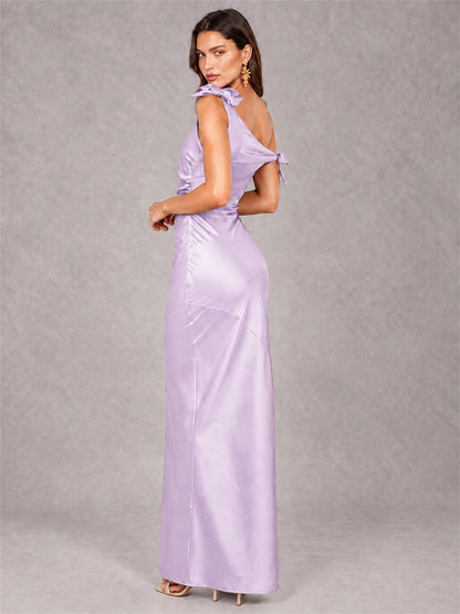 Off-The-Shoulder Ruched Sleeveless Mermaid Satin Wedding Guest Dress