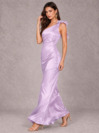 Off-The-Shoulder Ruched Sleeveless Mermaid Satin Wedding Guest Dress