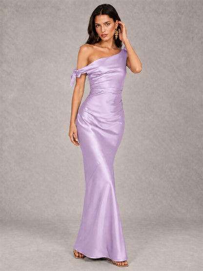 Off-The-Shoulder Ruched Sleeveless Mermaid Satin Wedding Guest Dress