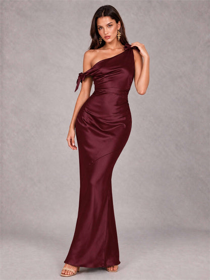Off-The-Shoulder Ruched Sleeveless Mermaid Satin Wedding Guest Dress