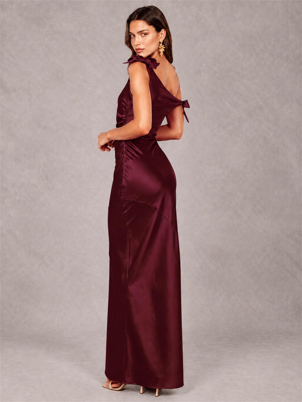Off-The-Shoulder Ruched Sleeveless Mermaid Satin Wedding Guest Dress