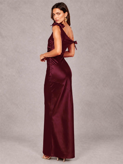 Off-The-Shoulder Ruched Sleeveless Mermaid Satin Wedding Guest Dress