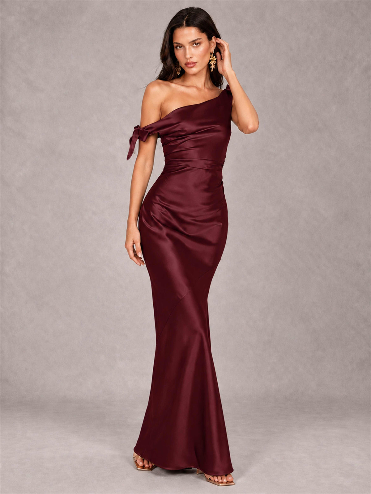 Off-The-Shoulder Ruched Sleeveless Mermaid Satin Wedding Guest Dress
