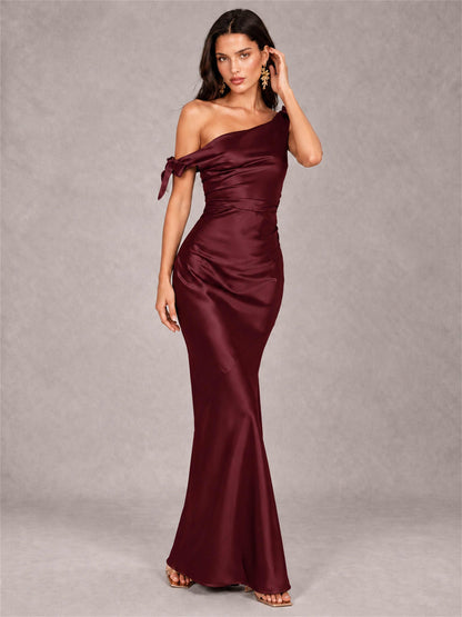 Off-The-Shoulder Ruched Sleeveless Mermaid Satin Wedding Guest Dress