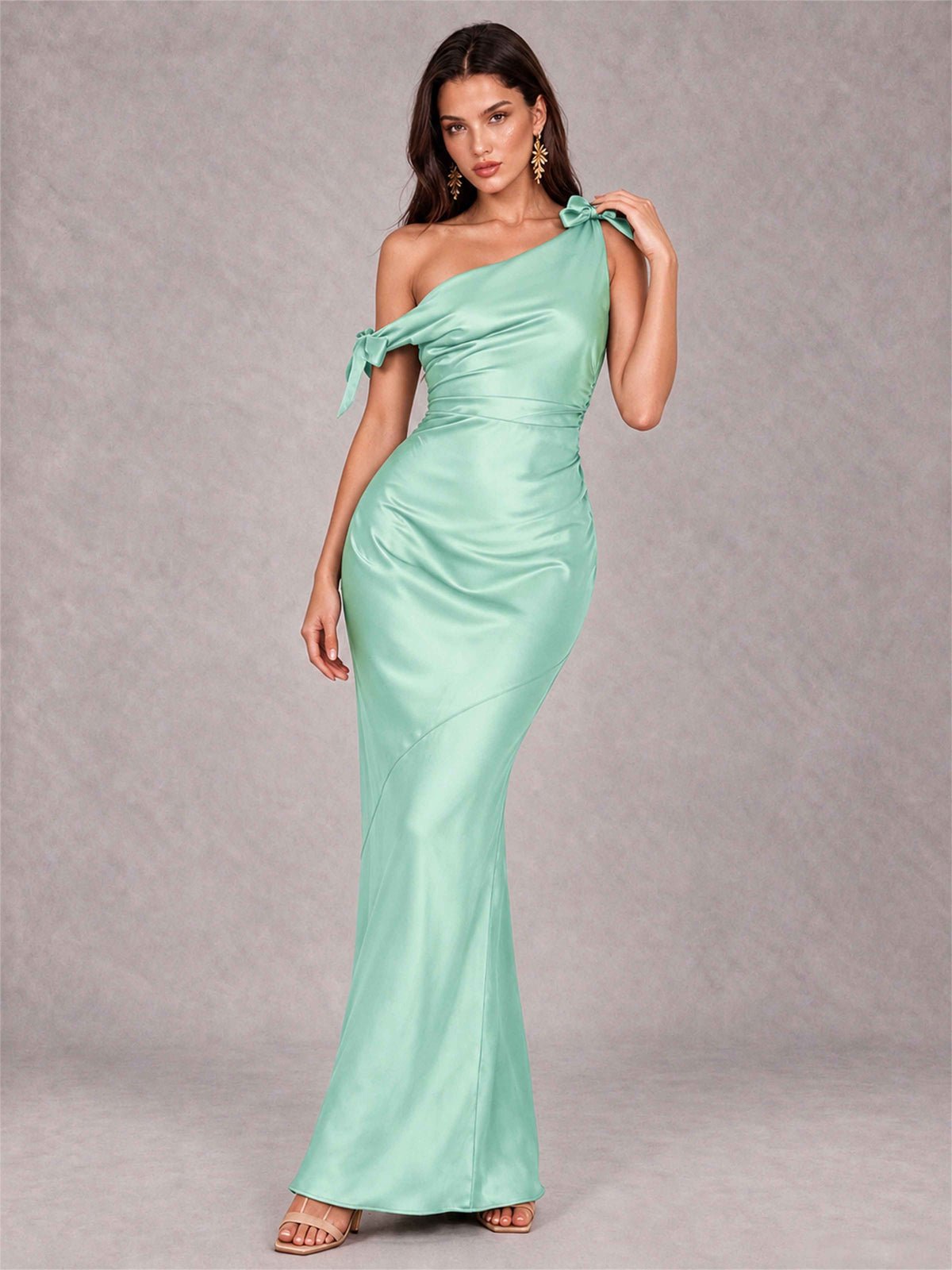 Off-The-Shoulder Ruched Sleeveless Mermaid Satin Wedding Guest Dress