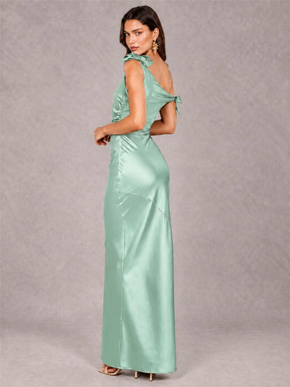 Off-The-Shoulder Ruched Sleeveless Mermaid Satin Wedding Guest Dress