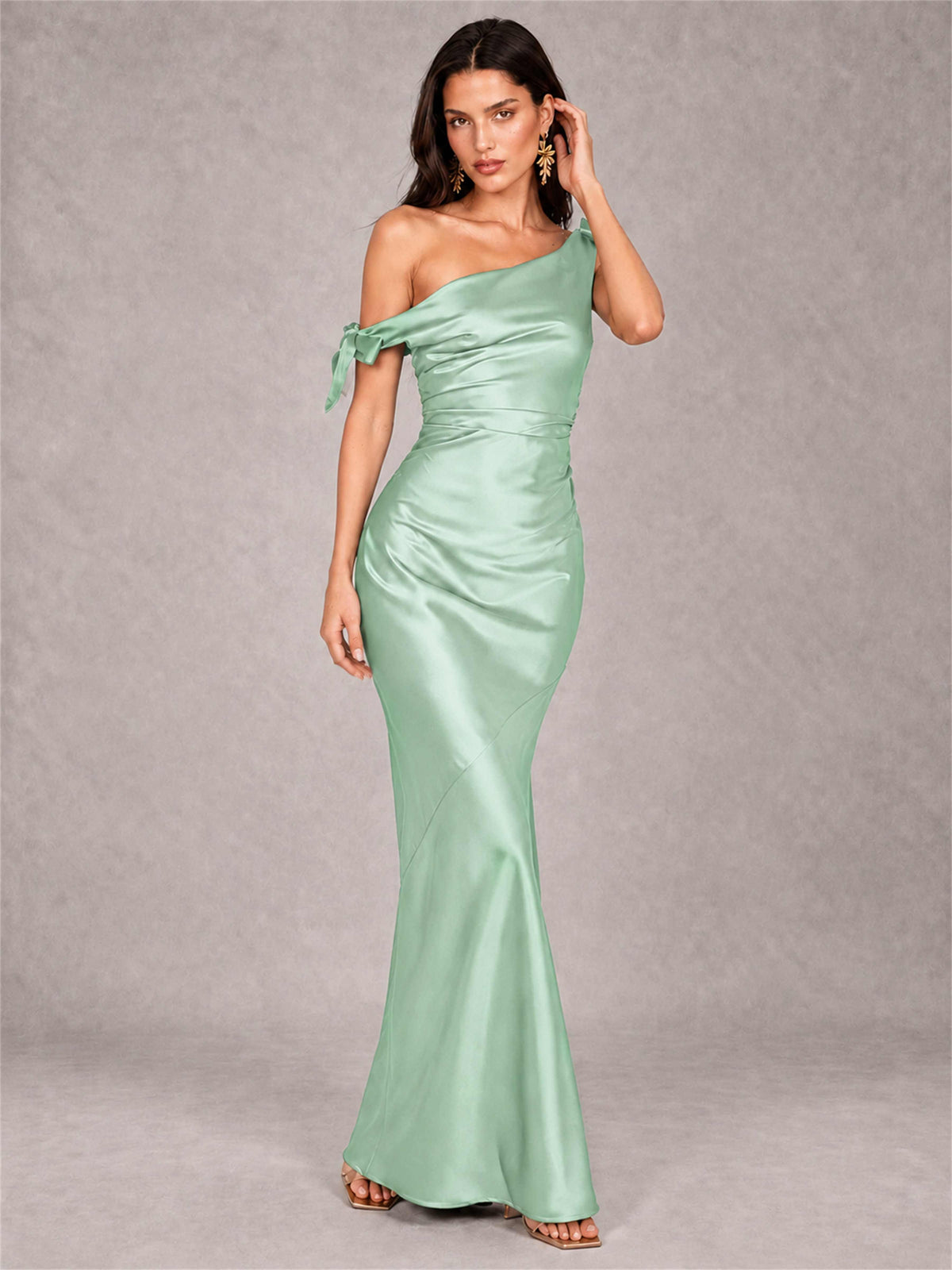 Off-The-Shoulder Ruched Sleeveless Mermaid Satin Wedding Guest Dress