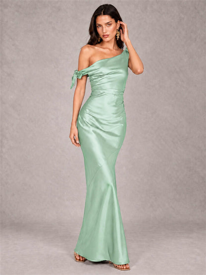 Off-The-Shoulder Ruched Sleeveless Mermaid Satin Wedding Guest Dress