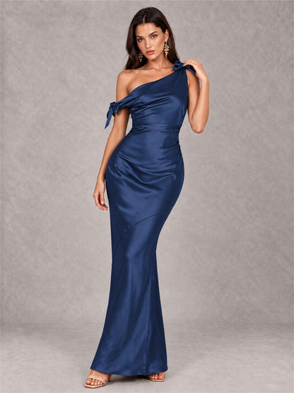 Off-The-Shoulder Ruched Sleeveless Mermaid Satin Wedding Guest Dress
