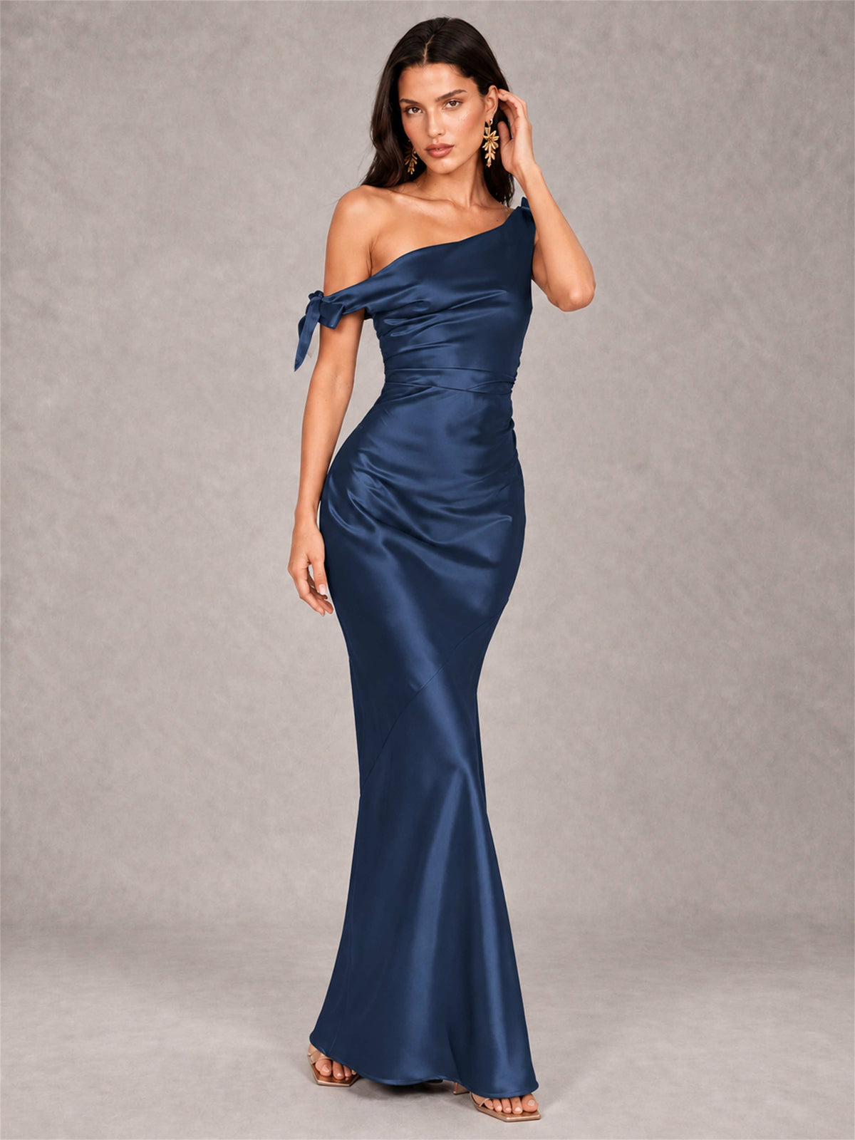 Off-The-Shoulder Ruched Sleeveless Mermaid Satin Wedding Guest Dress