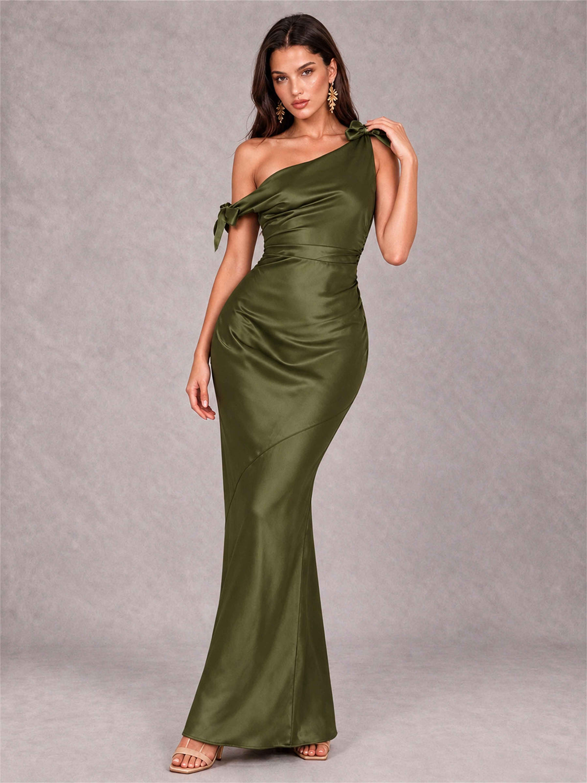 Off-The-Shoulder Ruched Sleeveless Mermaid Satin Wedding Guest Dress