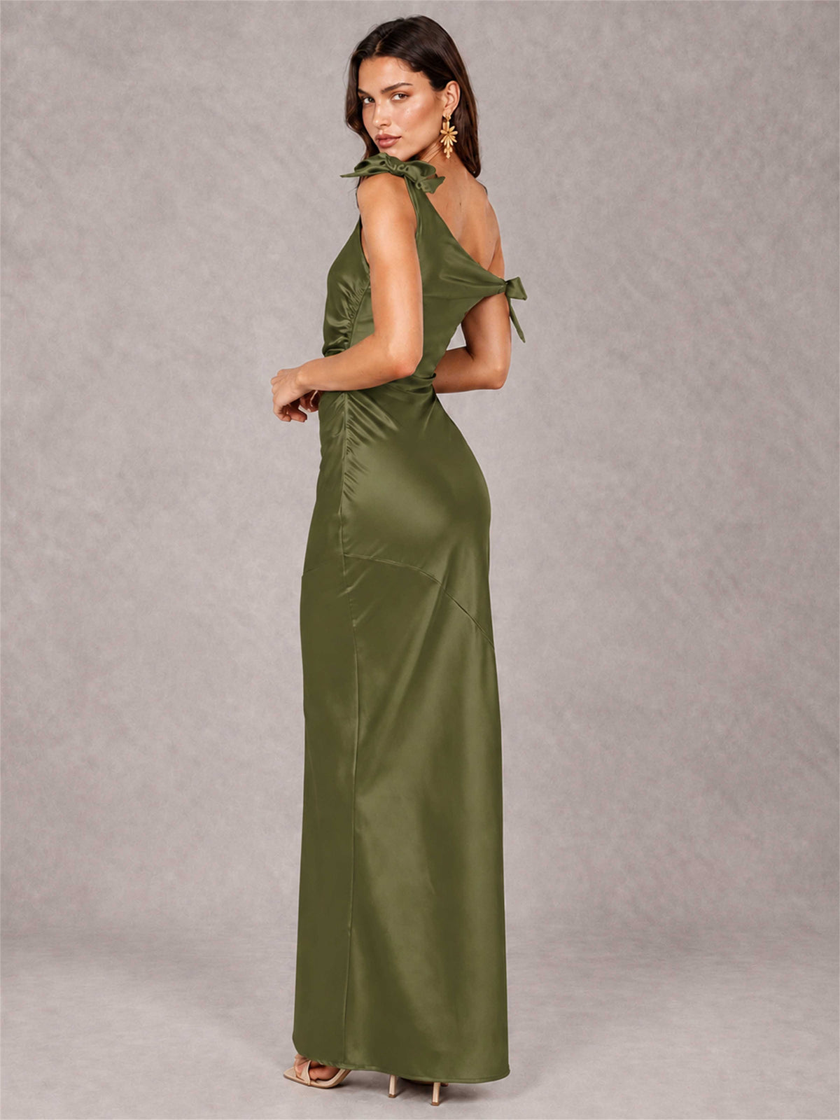 Off-The-Shoulder Ruched Sleeveless Mermaid Satin Wedding Guest Dress