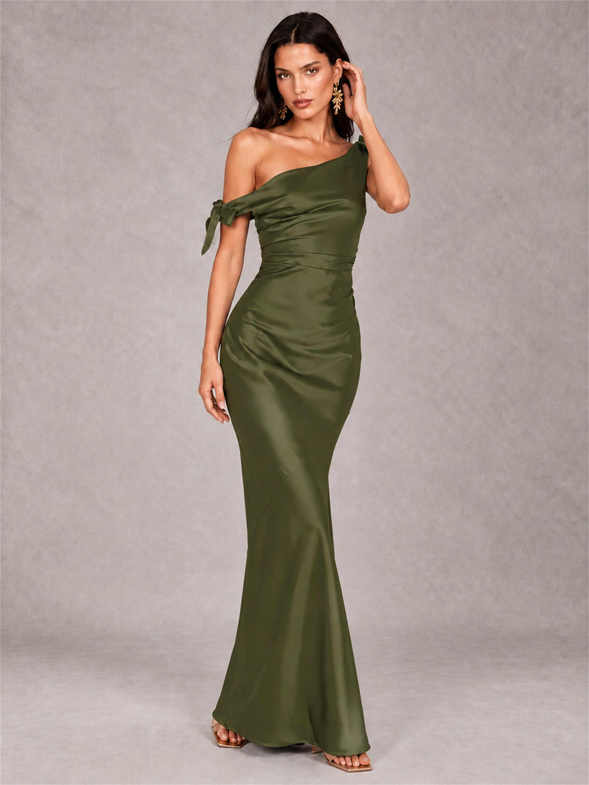 Off-The-Shoulder Ruched Sleeveless Mermaid Satin Wedding Guest Dress