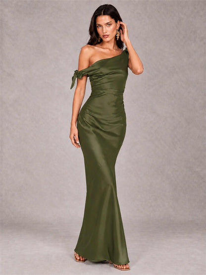 Off-The-Shoulder Ruched Sleeveless Mermaid Satin Wedding Guest Dress