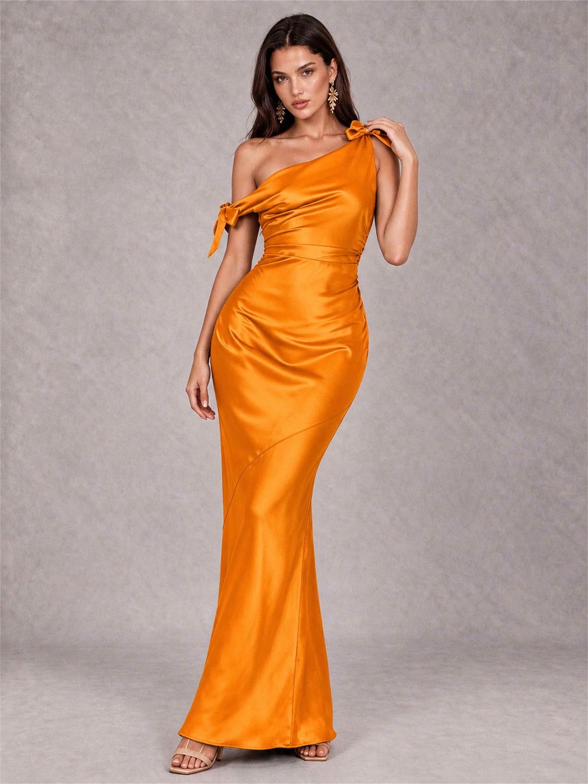 Off-The-Shoulder Ruched Sleeveless Mermaid Satin Wedding Guest Dress