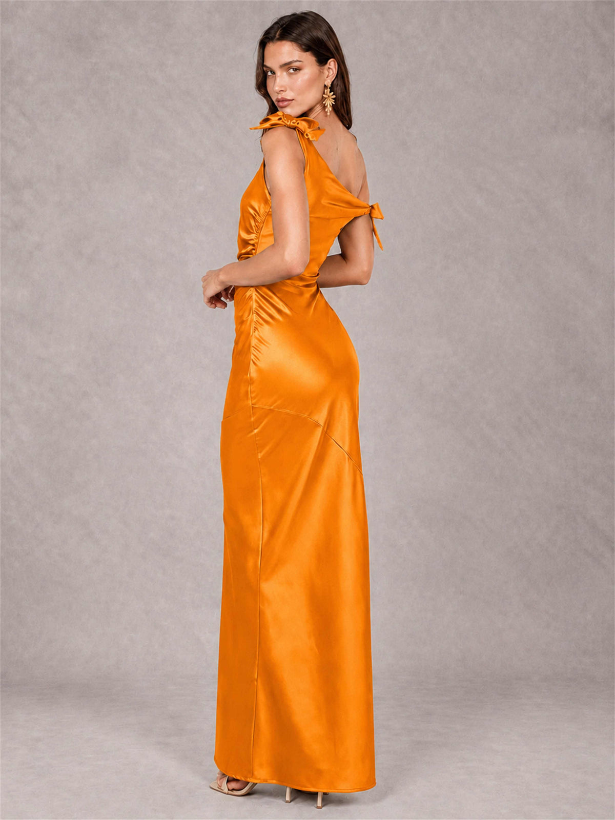 Off-The-Shoulder Ruched Sleeveless Mermaid Satin Wedding Guest Dress