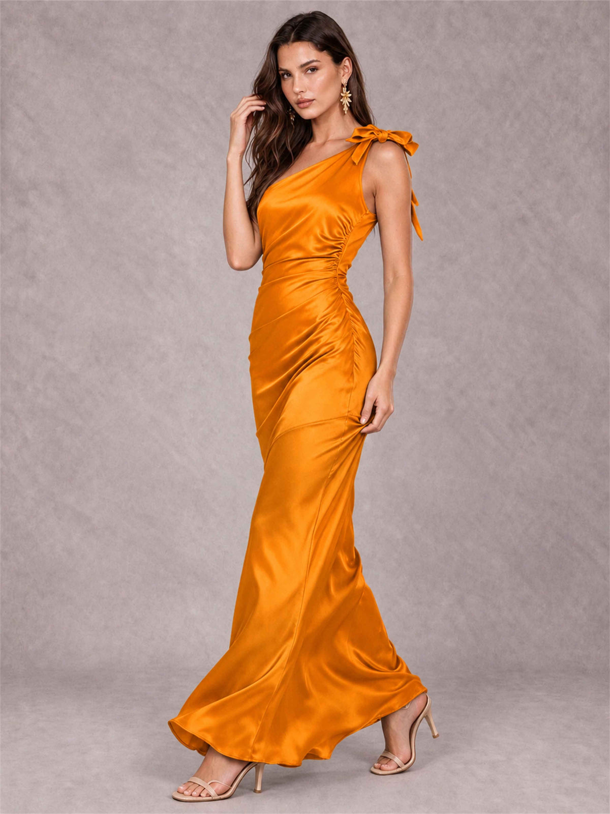 Off-The-Shoulder Ruched Sleeveless Mermaid Satin Wedding Guest Dress
