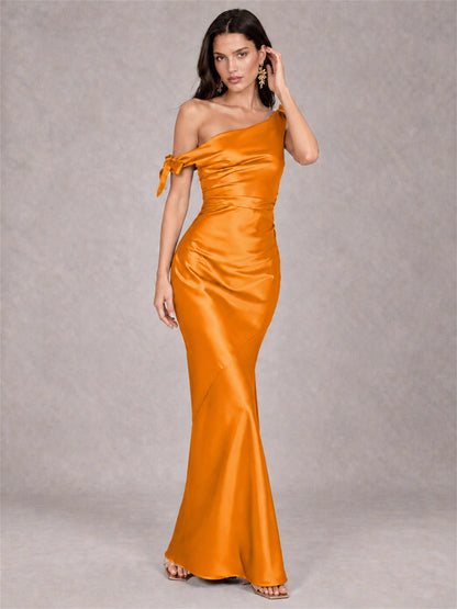 Off-The-Shoulder Ruched Sleeveless Mermaid Satin Wedding Guest Dress