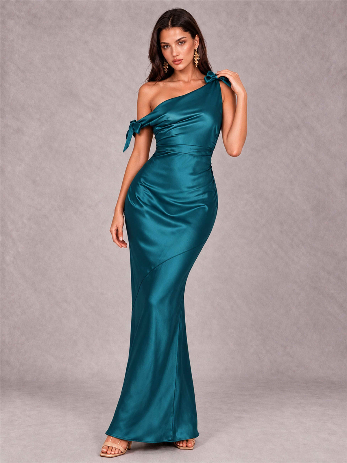 Off-The-Shoulder Ruched Sleeveless Mermaid Satin Wedding Guest Dress