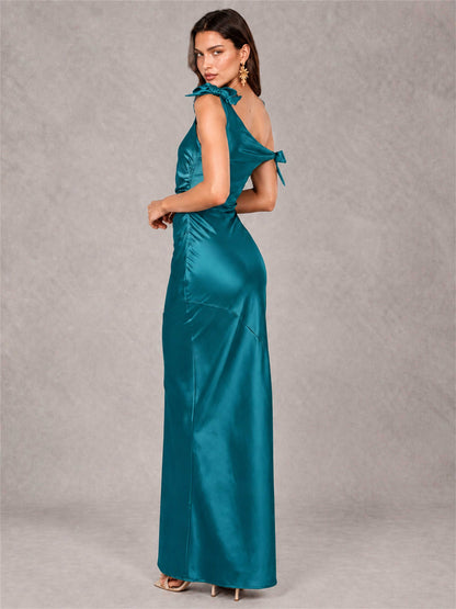 Off-The-Shoulder Ruched Sleeveless Mermaid Satin Wedding Guest Dress
