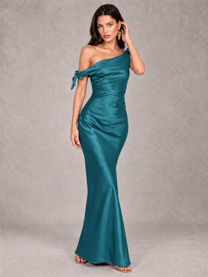 Off-The-Shoulder Ruched Sleeveless Mermaid Satin Wedding Guest Dress