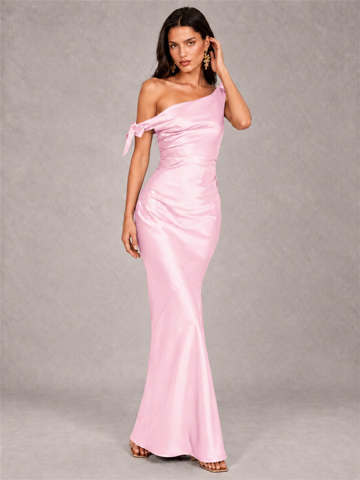 Off-The-Shoulder Ruched Sleeveless Mermaid Satin Wedding Guest Dress