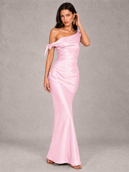 Off-The-Shoulder Ruched Sleeveless Mermaid Satin Wedding Guest Dress