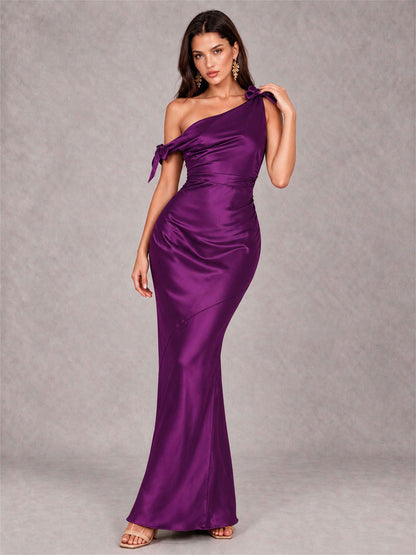 Off-The-Shoulder Ruched Sleeveless Mermaid Satin Wedding Guest Dress