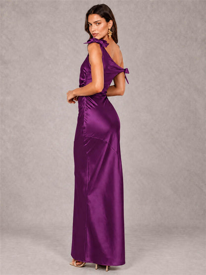 Off-The-Shoulder Ruched Sleeveless Mermaid Satin Wedding Guest Dress
