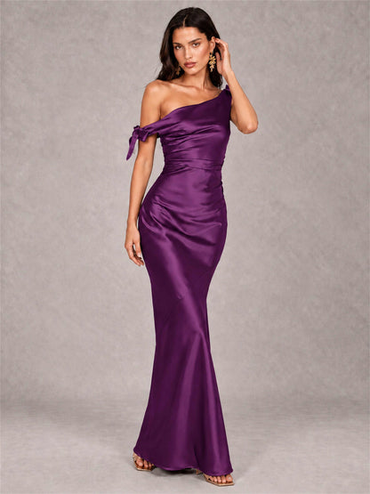 Off-The-Shoulder Ruched Sleeveless Mermaid Satin Wedding Guest Dress