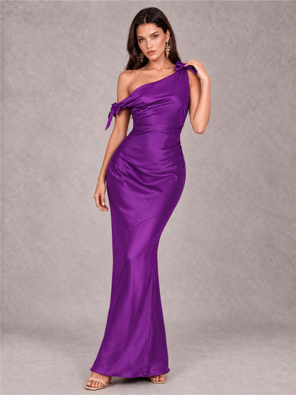 Off-The-Shoulder Ruched Sleeveless Mermaid Satin Wedding Guest Dress