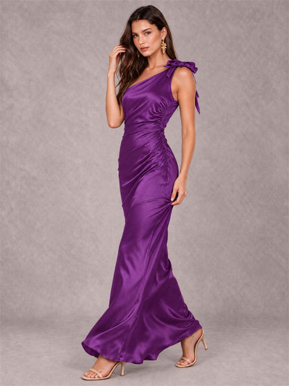 Off-The-Shoulder Ruched Sleeveless Mermaid Satin Wedding Guest Dress