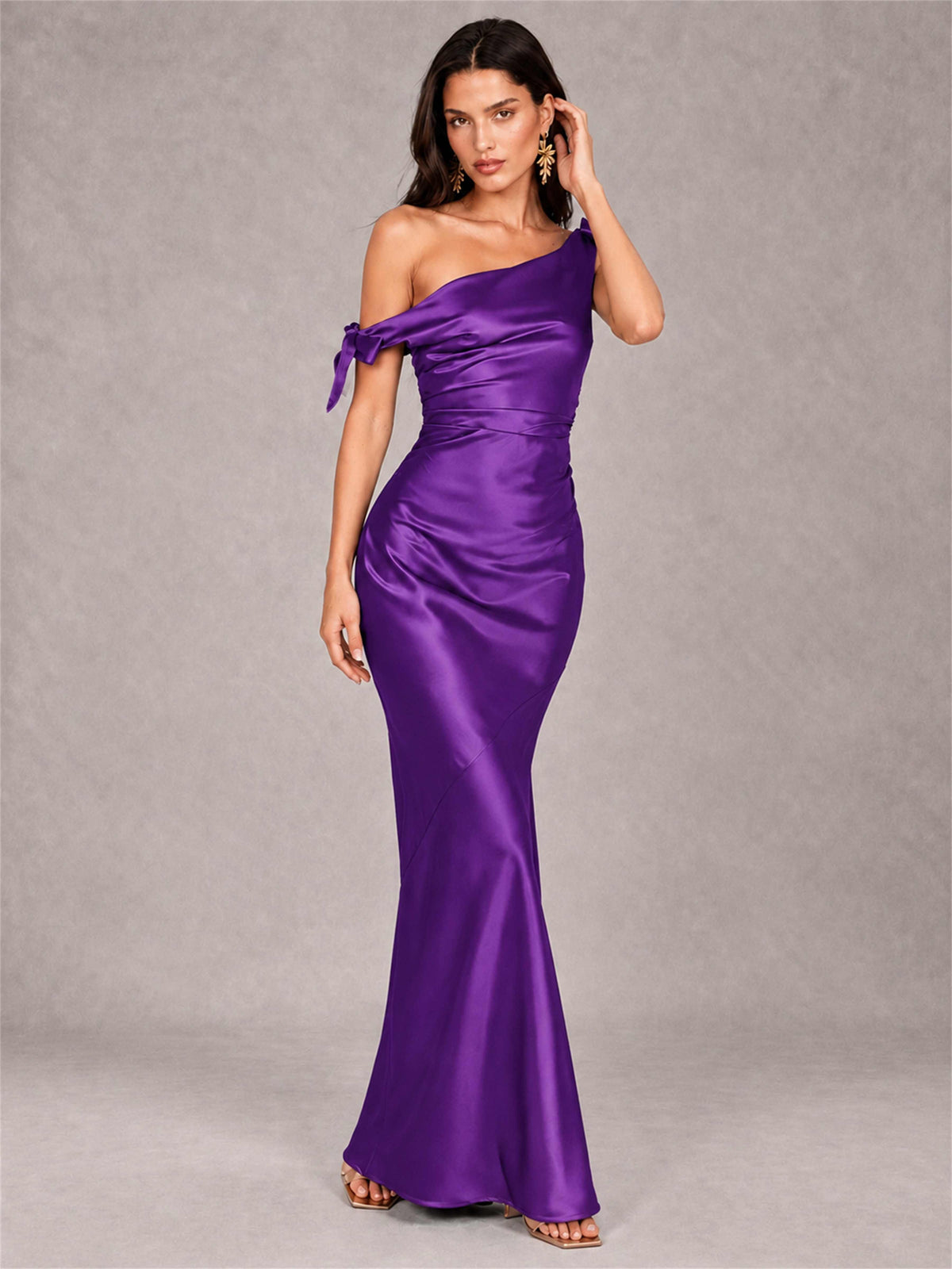 Off-The-Shoulder Ruched Sleeveless Mermaid Satin Wedding Guest Dress