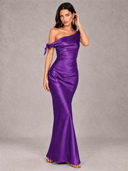 Off-The-Shoulder Ruched Sleeveless Mermaid Satin Wedding Guest Dress