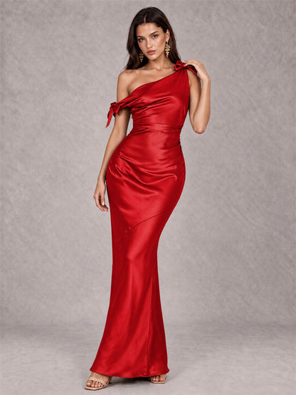 Off-The-Shoulder Ruched Sleeveless Mermaid Satin Wedding Guest Dress