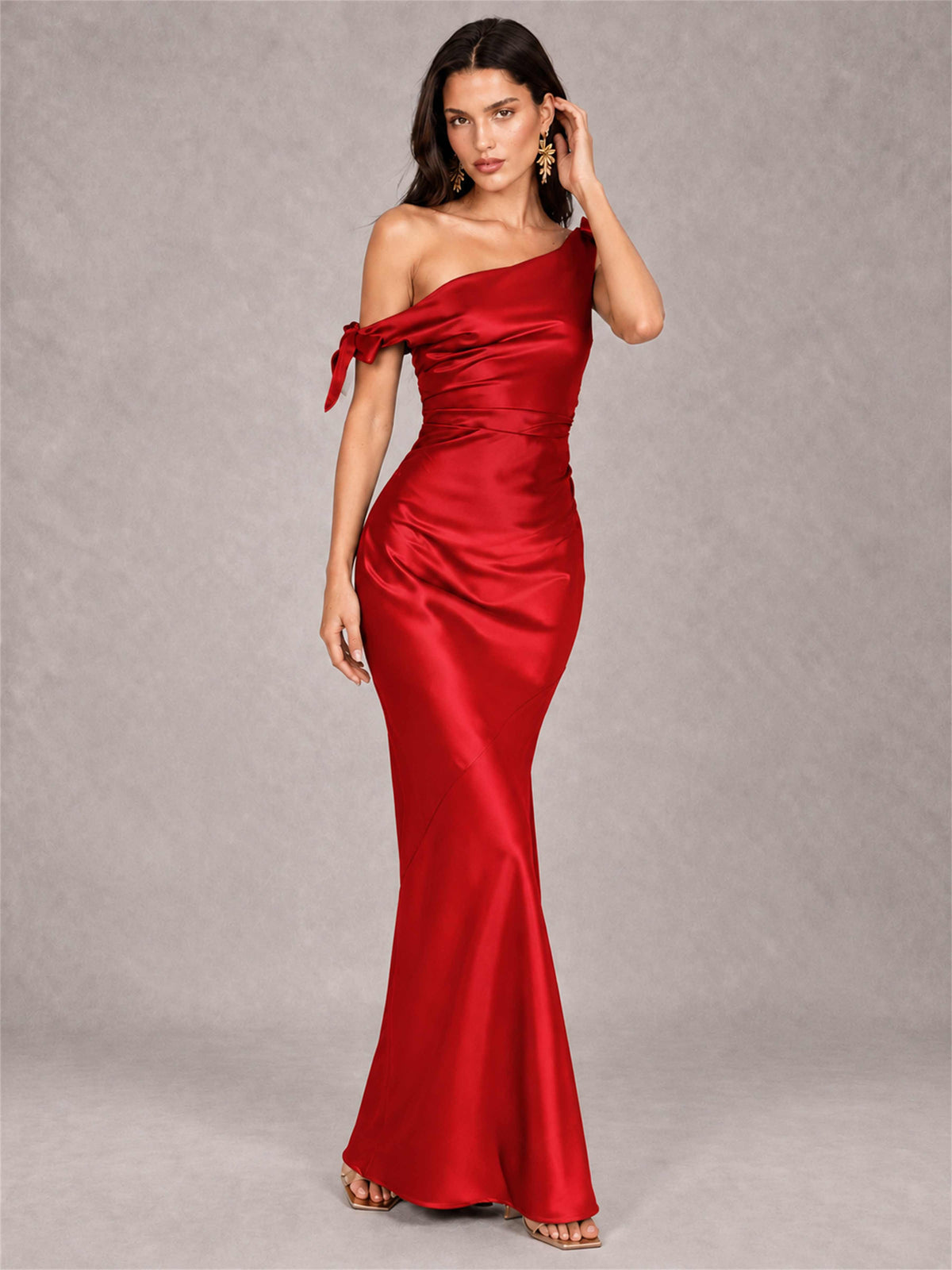 Off-The-Shoulder Ruched Sleeveless Mermaid Satin Wedding Guest Dress
