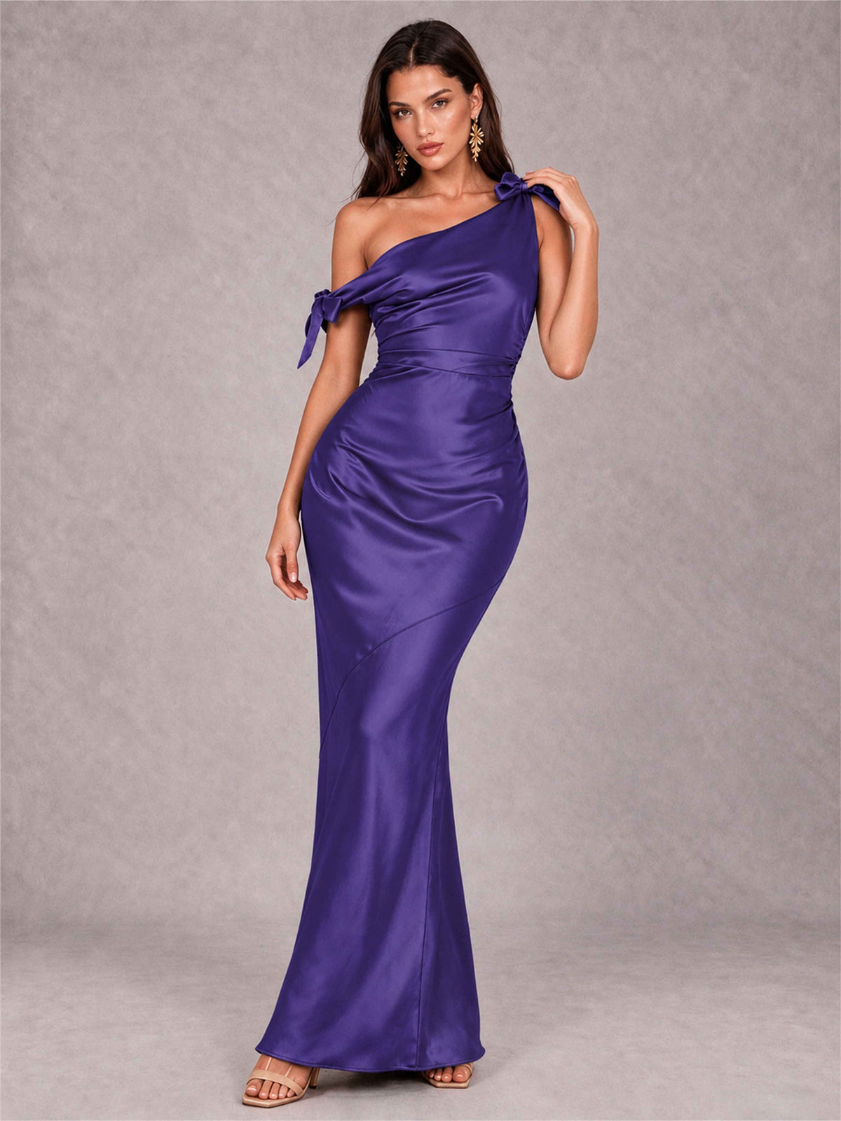 Off-The-Shoulder Ruched Sleeveless Mermaid Satin Wedding Guest Dress