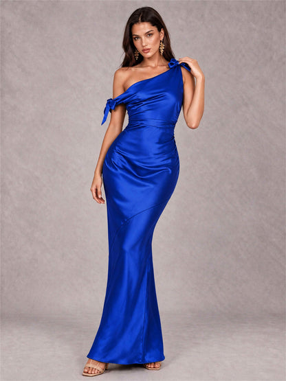 Off-The-Shoulder Ruched Sleeveless Mermaid Satin Wedding Guest Dress