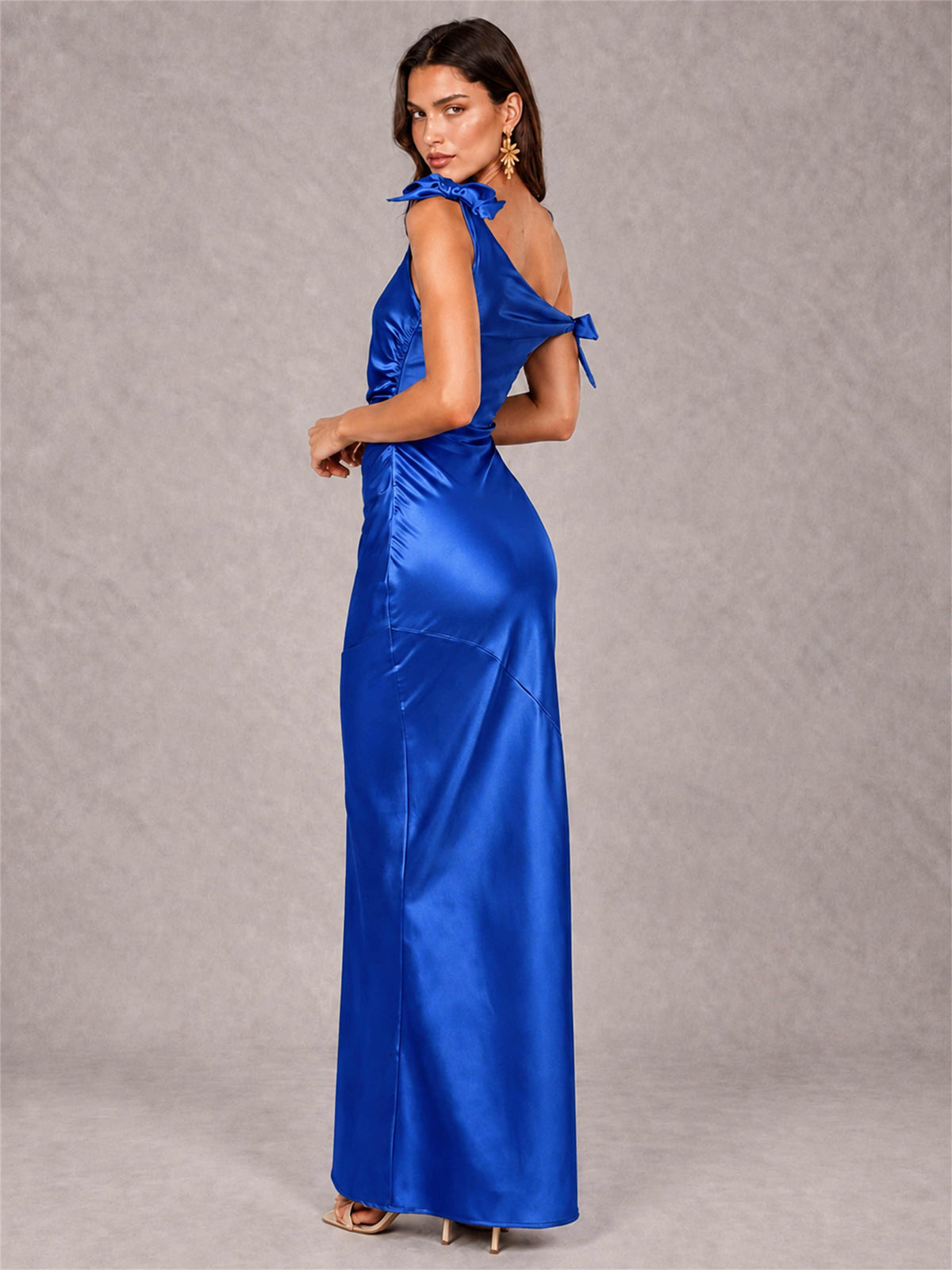 Off-The-Shoulder Ruched Sleeveless Mermaid Satin Wedding Guest Dress