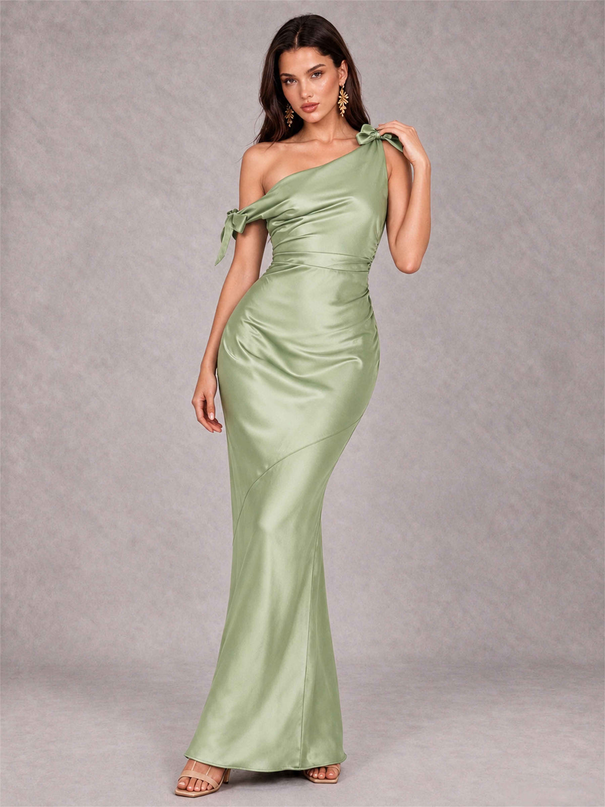 Off-The-Shoulder Ruched Sleeveless Mermaid Satin Wedding Guest Dress