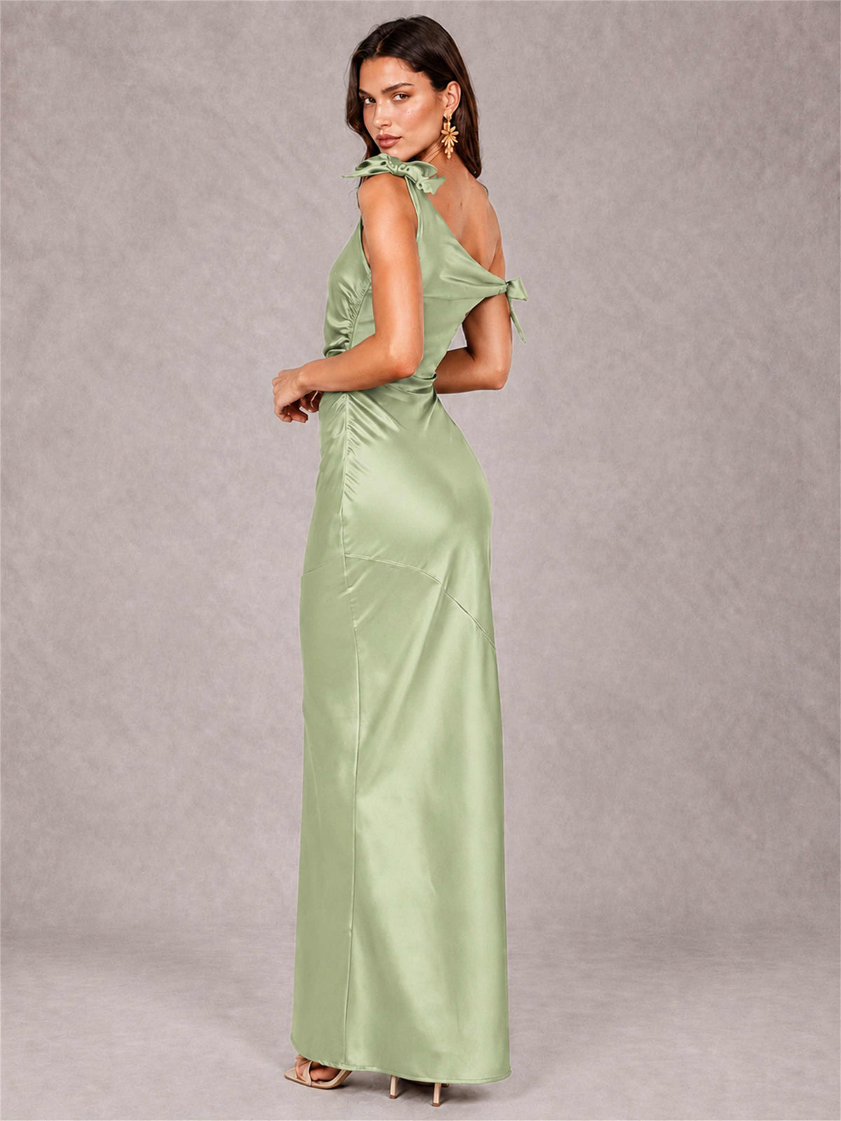 Off-The-Shoulder Ruched Sleeveless Mermaid Satin Wedding Guest Dress