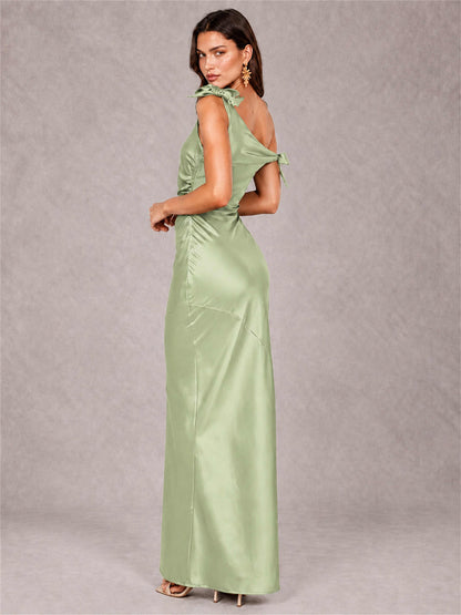 Off-The-Shoulder Ruched Sleeveless Mermaid Satin Wedding Guest Dress