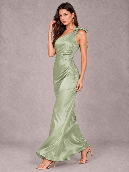 Off-The-Shoulder Ruched Sleeveless Mermaid Satin Wedding Guest Dress
