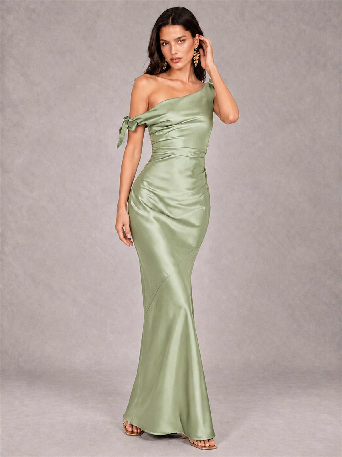 Off-The-Shoulder Ruched Sleeveless Mermaid Satin Wedding Guest Dress